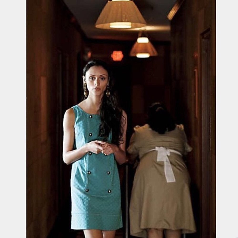 anthropologie Maeve Dress 8 Carrillo Shift Aqua Vintage Style Retro Button